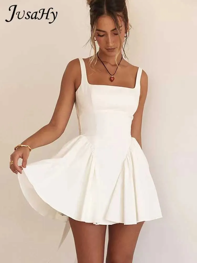 Grundläggande avslappnade klänningar Jusahy Womens New White Sweet High Street Wear Strapless Bow A-Line Dress Fashion Sweet Party Mini Dress 2023L2405