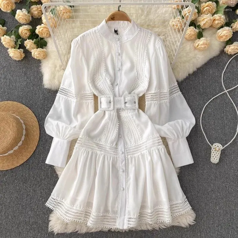Casual Dresses 2024 Elegant Spring Langern Sleeve Mini Dress for Women spetsar Hollow Out Patchwork Lantern White Belt Party Vestidos