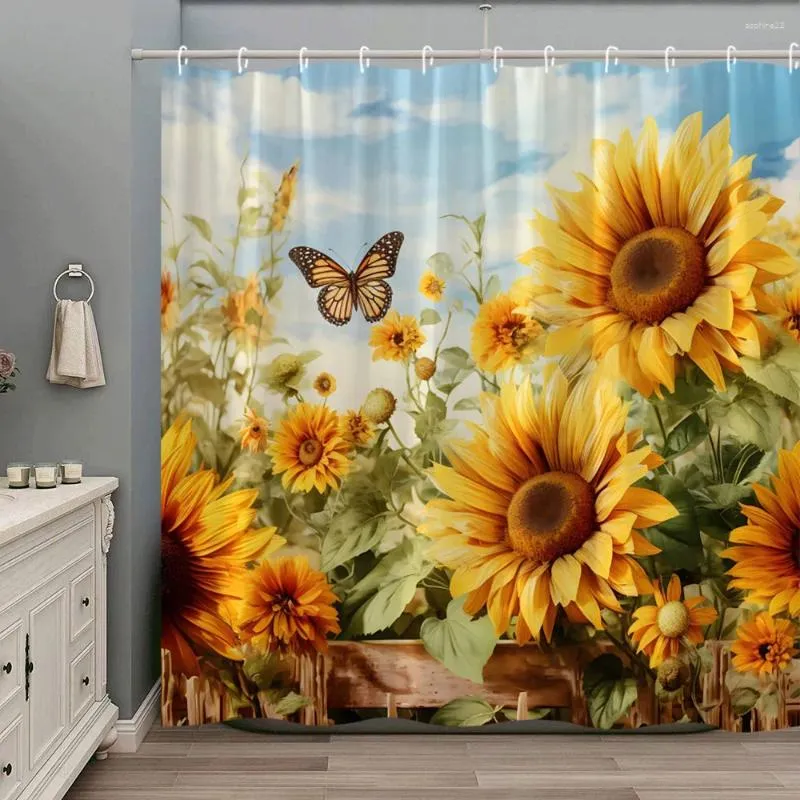 Cortinas de chuveiro cortina de girassol vintage Floral Farm Butterfly Plant Garden House