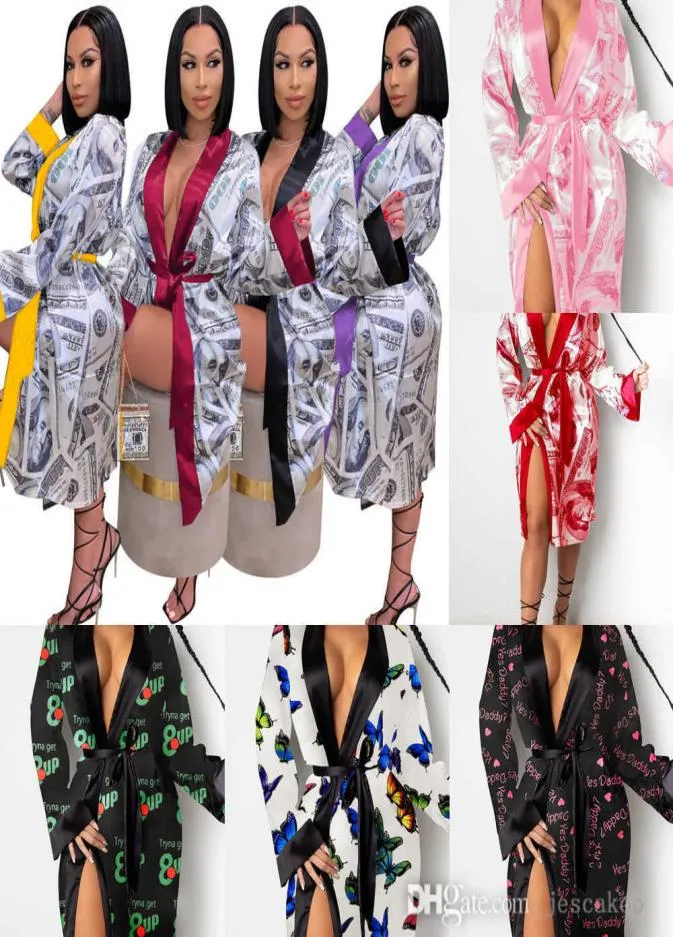 Frauen US -Dollar Print Home Coat Verband Langes Kleid Casual Fashion sexy Strickjacken Nachtclub Kleidung Lose Robe Bademantel Hauswege 9460694