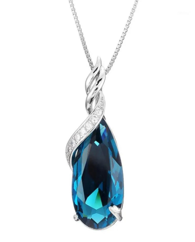 Lockets Sapphire Gemstone Pendant Necklace Women Blue Crystal Aquamarine 18k White Gold Tone Chain Choker Party Jewelry Bijoux Gif8361361