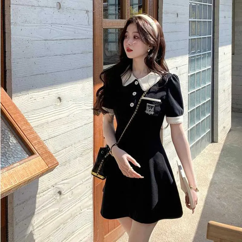 Basic Casual Dresses Polo One Piece Korean Contrast Color Womens Dress with Collar Summer Sweet College Sundress Y2K Short Sleeve Mini Skirt KpopL2405