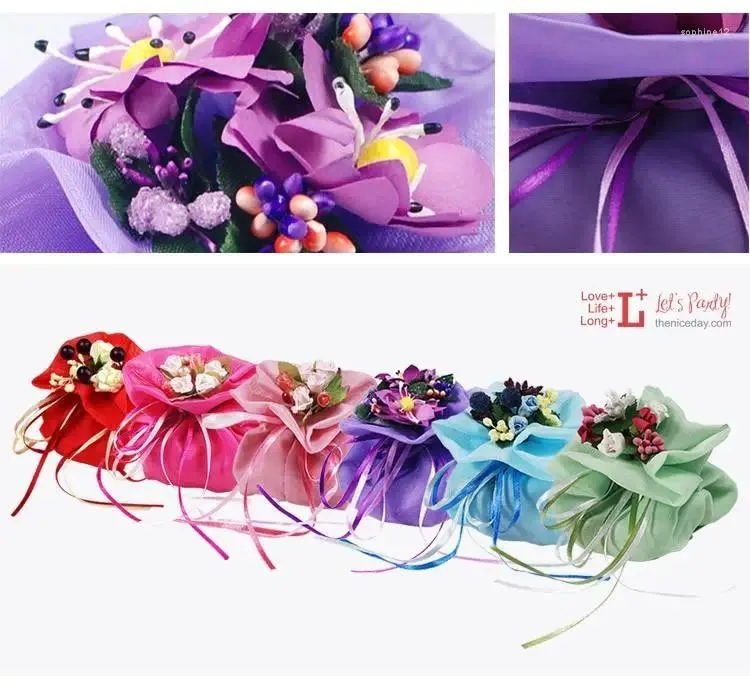 Presentförpackning italiensk stil dubbel satin bröllop gynnar väskor garnpåse med blommor buketter för gynnar bordsdekorationsmaterial