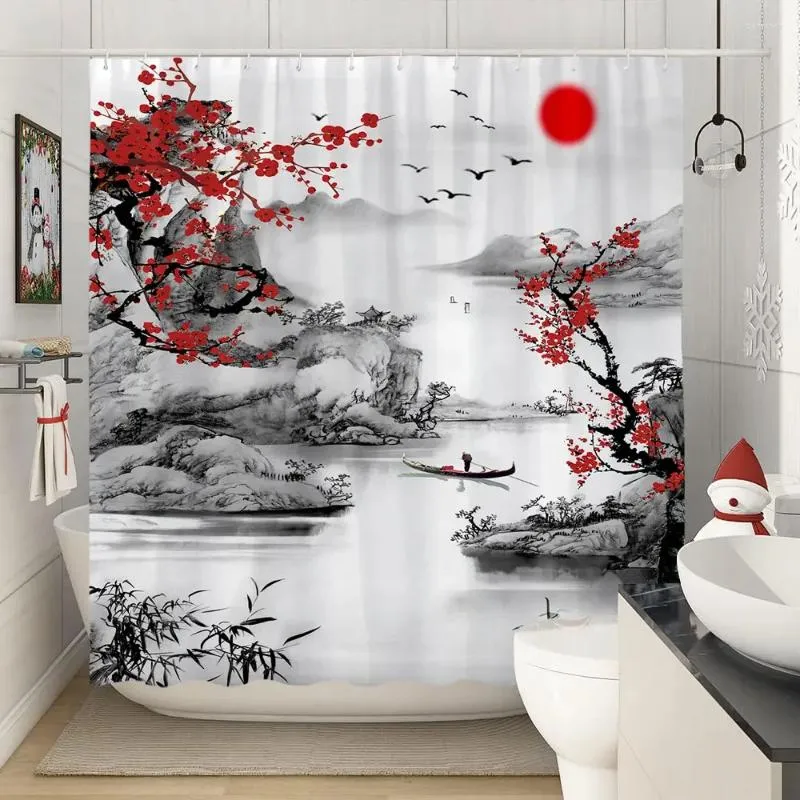 Rideaux de douche rideau de fleur de prune rouge branche japonais chinois oriental soleil montagne montagne encre naturel salle de bain