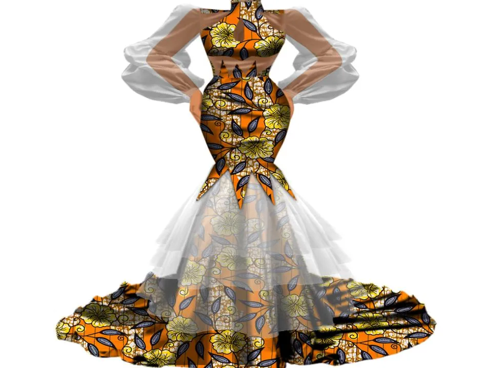 BINTAREALWAX NOUVEAU DESIGNE FEMMES ÉLÉGANT BODUSCON CONCIAL HIGE Qualitytutu Tulle Gauze Patchwork African Tissu African Wedding Party Jupe Robes WY4823122