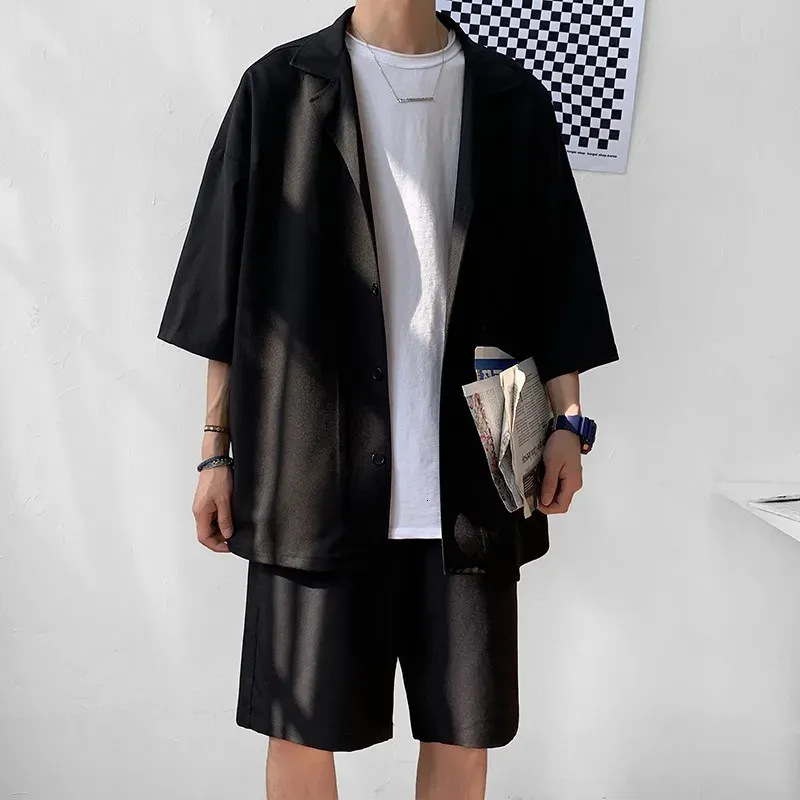Summer 2 pezzi set da uomo giacca e pantaloncini oversize clean abiti maschili in stile coreano in stile coreano outfit a camicia corta sciolta uomo 240507