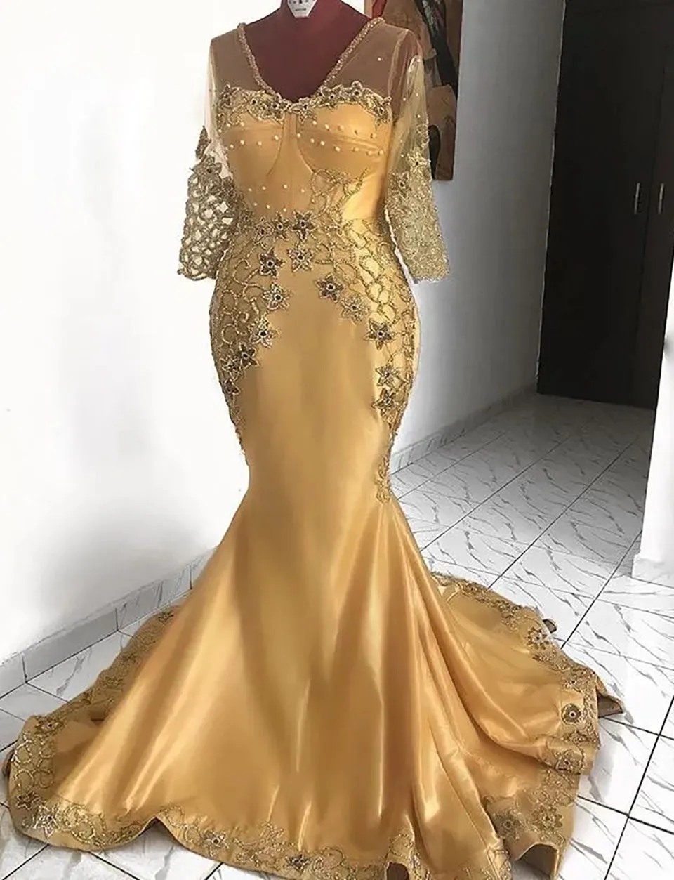 Mother's Dresses gold sexy mermaid african mother of bride dresses vneck lace beaded mother of groom dresses cheap formal party