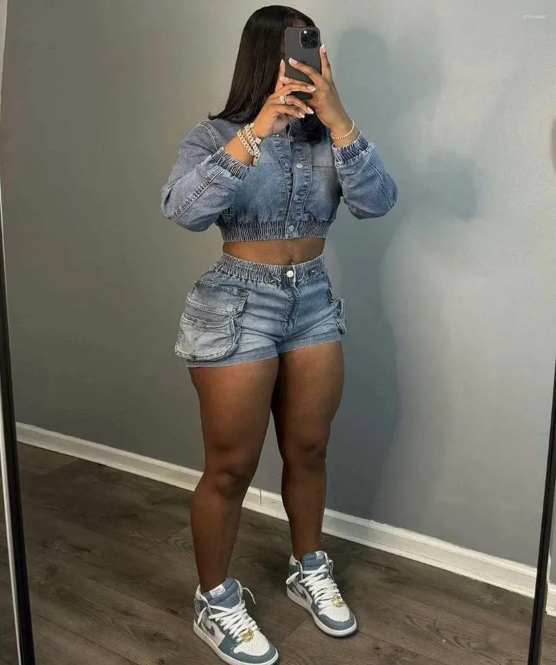 Women s Elegant Denim 2 Piece Club Outfits Multi Pocket Shorts and Top Set