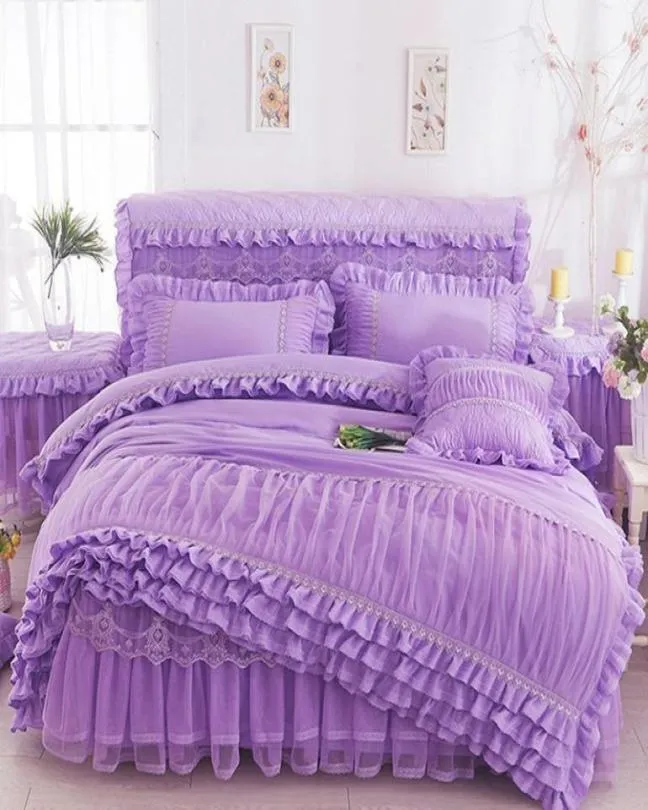 Pink Beige Purple Lace Princess Bedding set King Queen Size 4pcs Ruffles Bedspread Bed Skirt Wedding Duvet Cover Bed SheetLinen P8716119