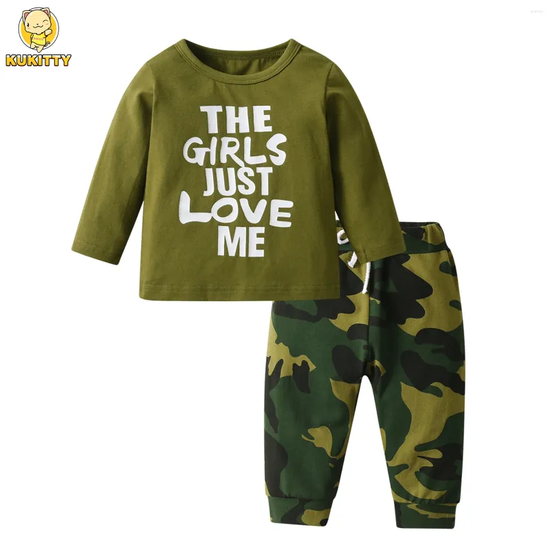 Kleidungssets 0-2 Jahre Kleinkind Baby Boy Langarm Outfit Frühling Herbstbuchstaben bedrucktes Sweatshirt-Top und Tarnhosen Kleidung Set