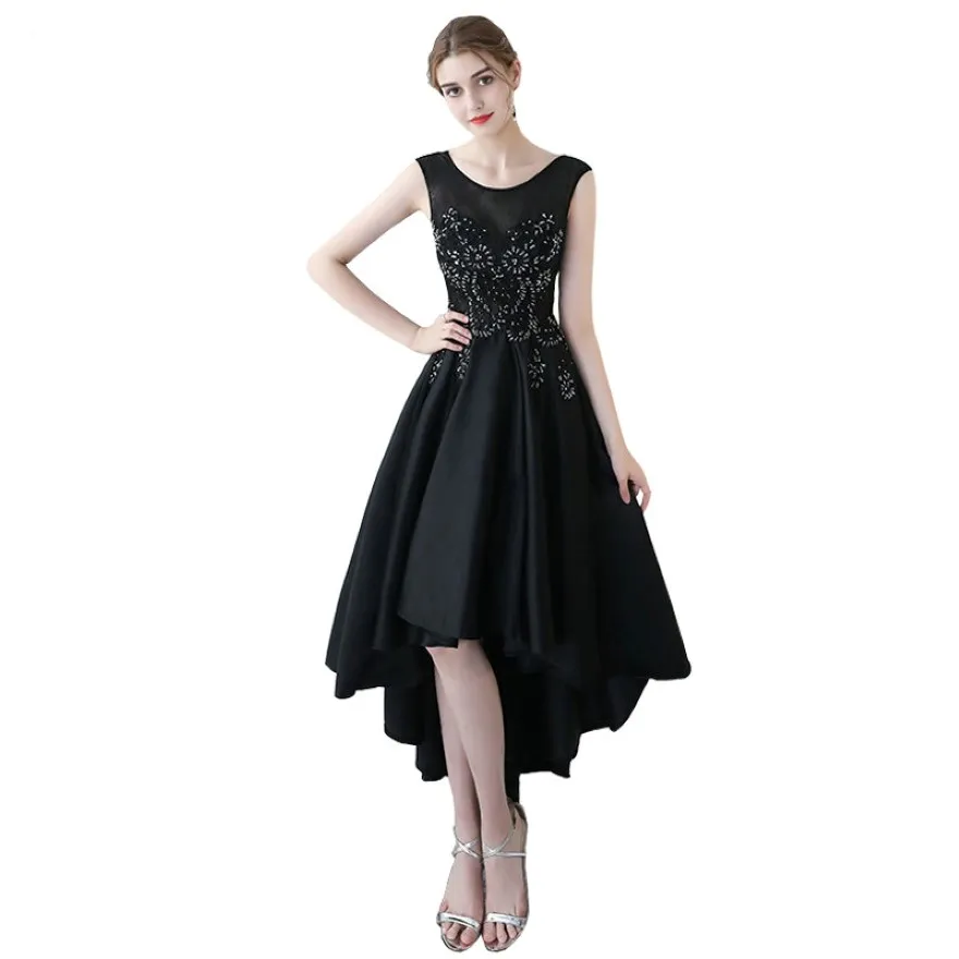 Vrouwen High Low Stain Party Dress Scoop Neck Lace Prom feestjurken Black Short Front Long Back Homecoming Jurken Vestido de Festa 272c