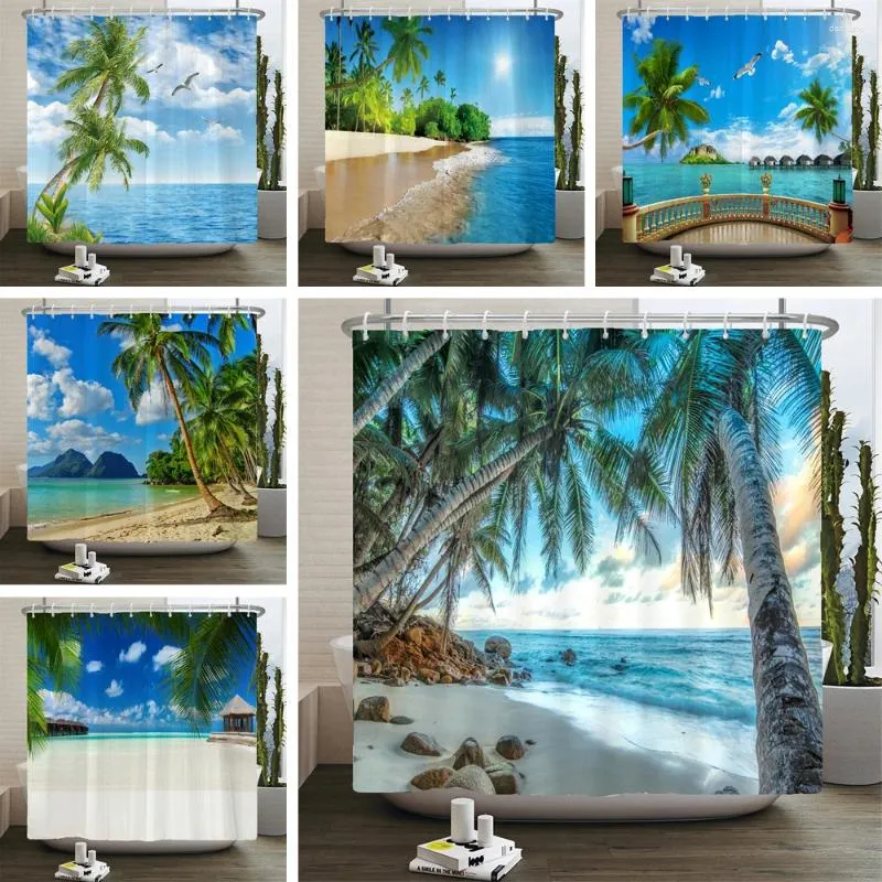 Shower Curtains Summer Seaside Curtain Beach View Coconut Tree Bathroom Fabric Restroom Decor Waterproof With Hook