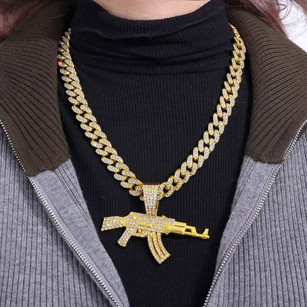 Rapper Chains Gun Pendant Necklace: Cuban Chain AK Firearms Hip