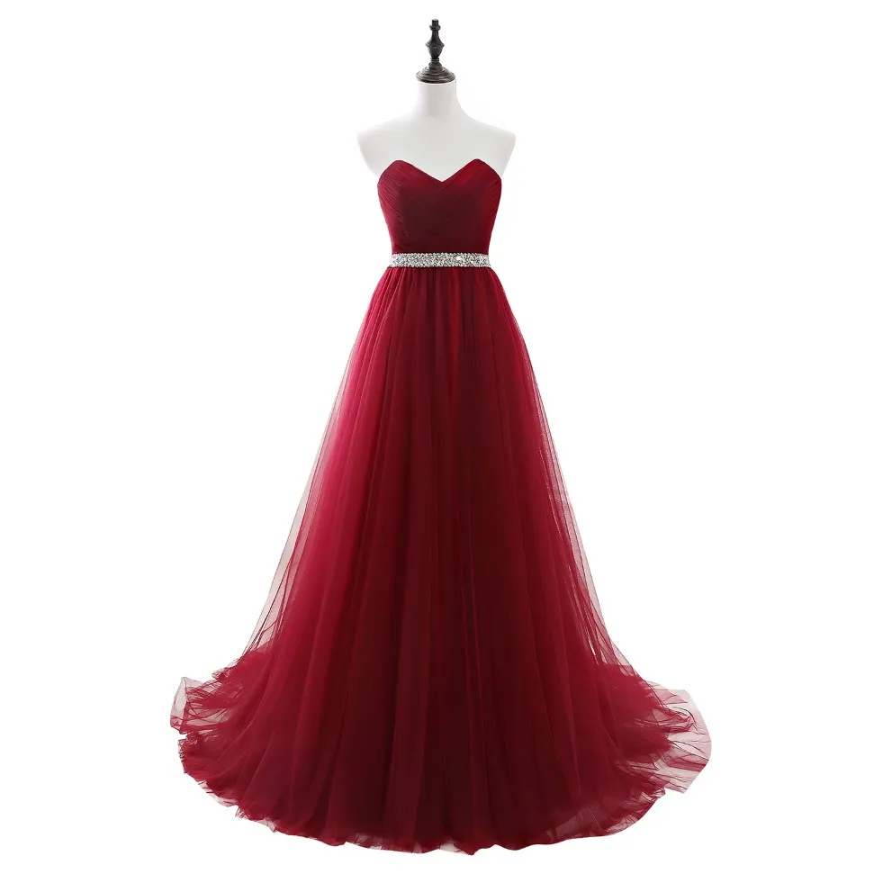 Cheap Long Tulle Burgundy Prom Dresses with Sequin Beaded Belt Strapless Corset Evening Gowns Lace up Back Senior Formal Party Dress 182d