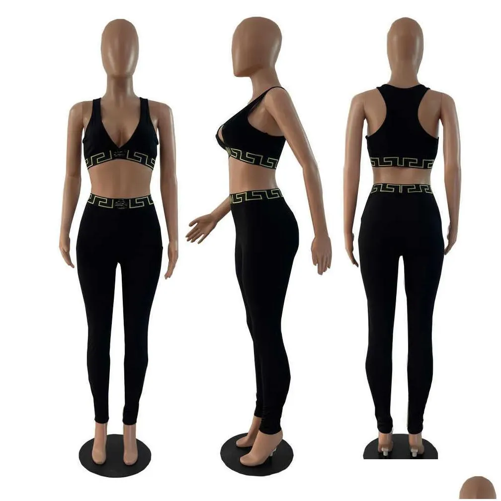 Damen zweiteilige Hosen Sommer Neue Frauen Trails -Mode -Set Sport Casual Letter Print Weste und Strumpfhosen Leggings 2pcs Yoga Sets für Ottgr