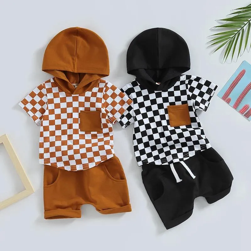 Ensembles de vêtements Baby Boy Boy Set Vêtements d'été Fashion Checkerboard Pocket Pocket Pocket Short à capuche à manches courtes Shorts de taille élastique 2pcs