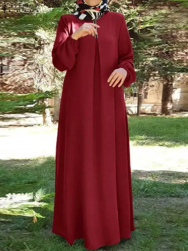 DHgate ZANZEA Solid Abaya Hijab Dress Long Sleeve Vintage Muslim Robe Maxi Sundress Apparel