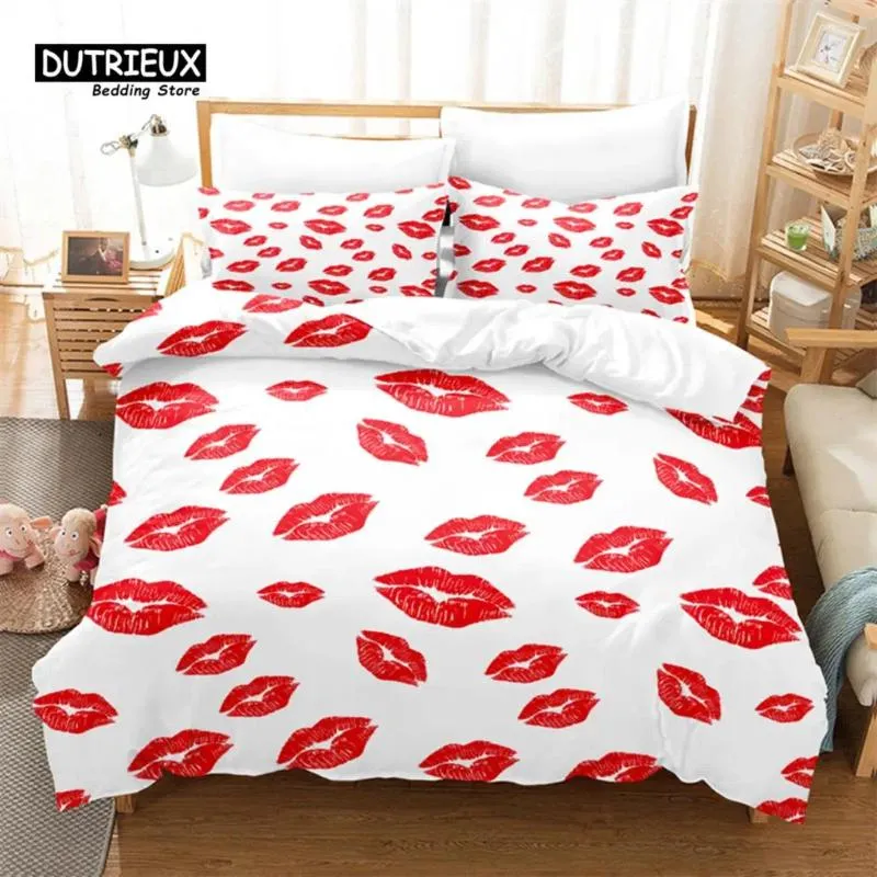 Bettwäsche Sets Red Lippen Bettdecke Set Mode weich bequem atmungsaktiv für Schlafzimmer Gästezimmerdekoration