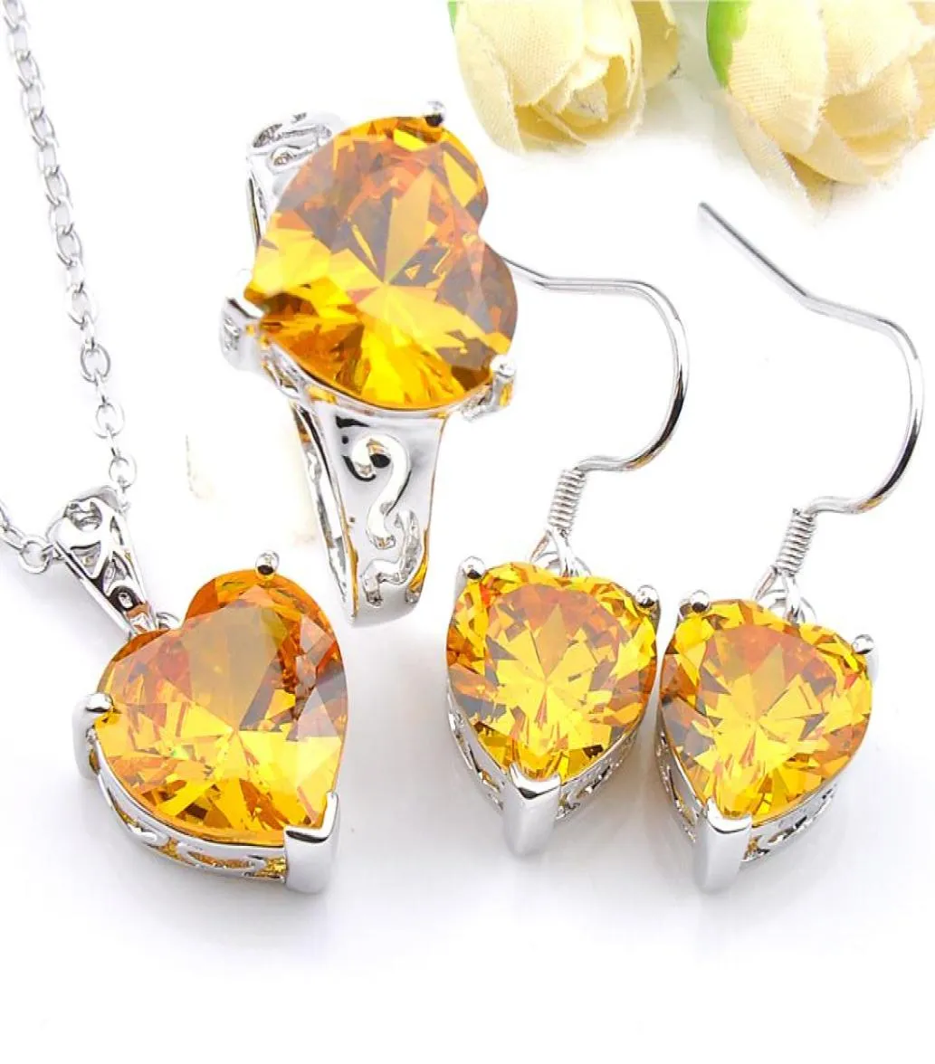Luckyshine Lady Jewelry Set Golden Citrine Crystal Crystal Cumbic Zirconia 925 Silve Engagement Pendentid Boucles d'oreilles Rings6275147