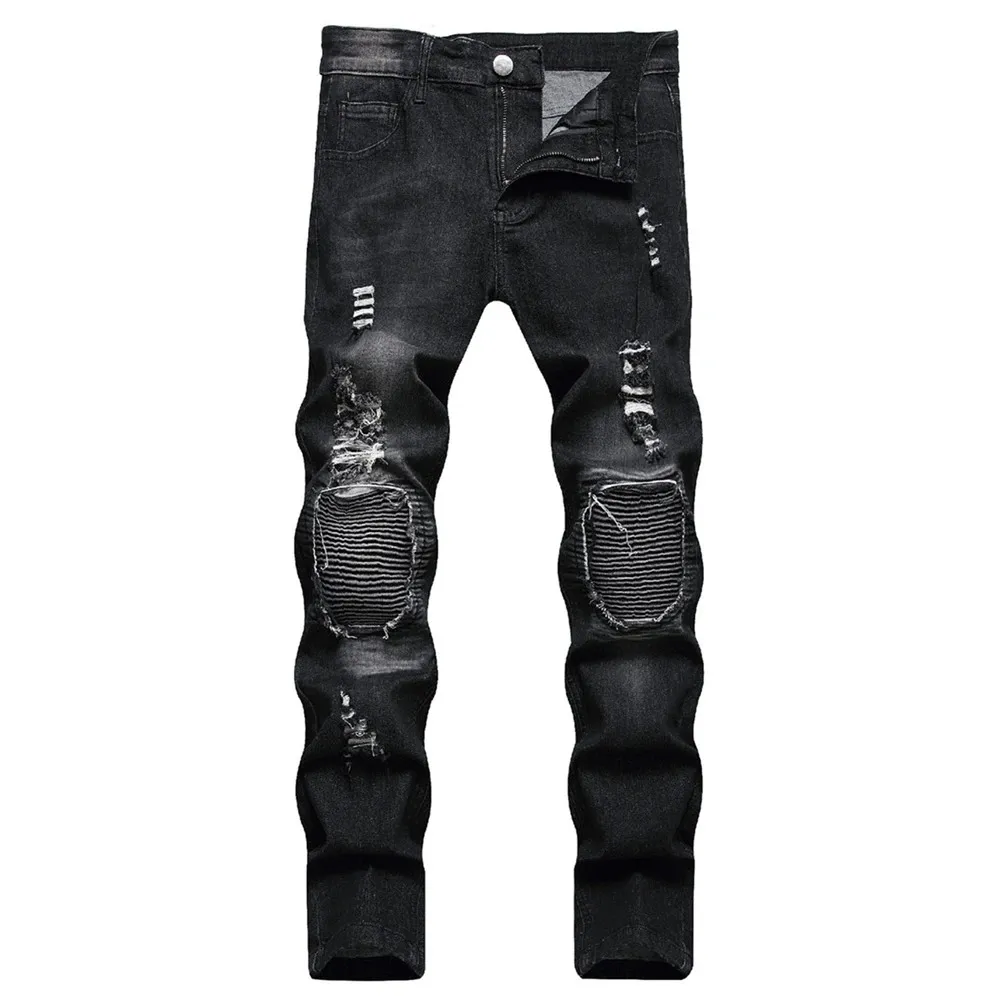 Jeans motociclisti jeans alla moda jeans strappati in angoscia jeans pantaloni pantaloni fori ultra-sottili jeans lunghi jeans da uomo jeans 240508