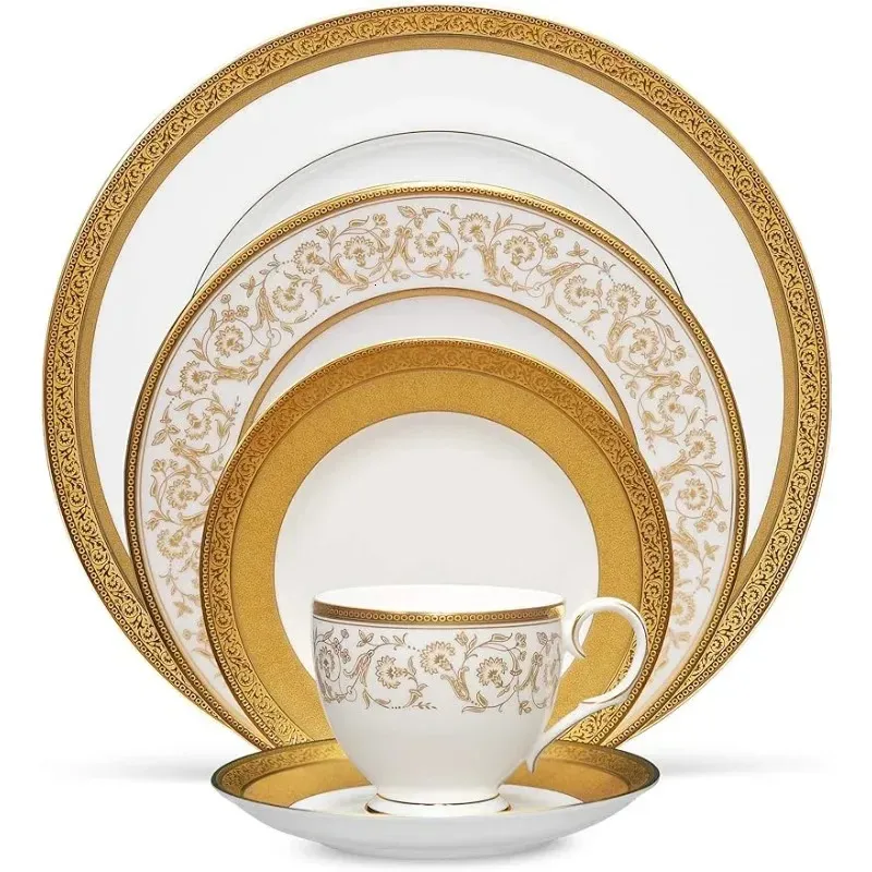 Noritake Summit Gold 5Piece Place Dinnerware Setting in White Dinner Set Plates and Dishes Sets US 240508