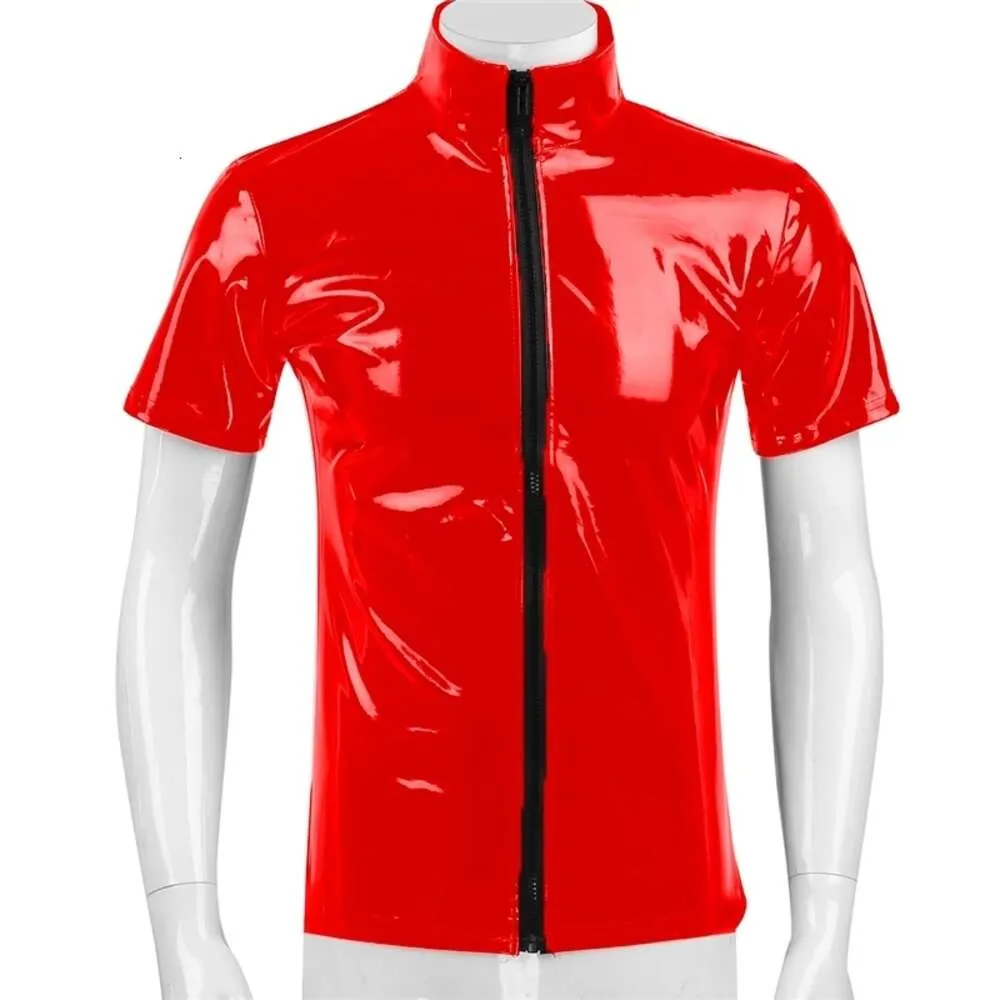 Plus Size Mens Glossy PVC Short-sleeved Shirt Erotic Shaping Sheath Casual Coat Male Shiny Metallic Leather Tops Sexi Catsuit Costumes