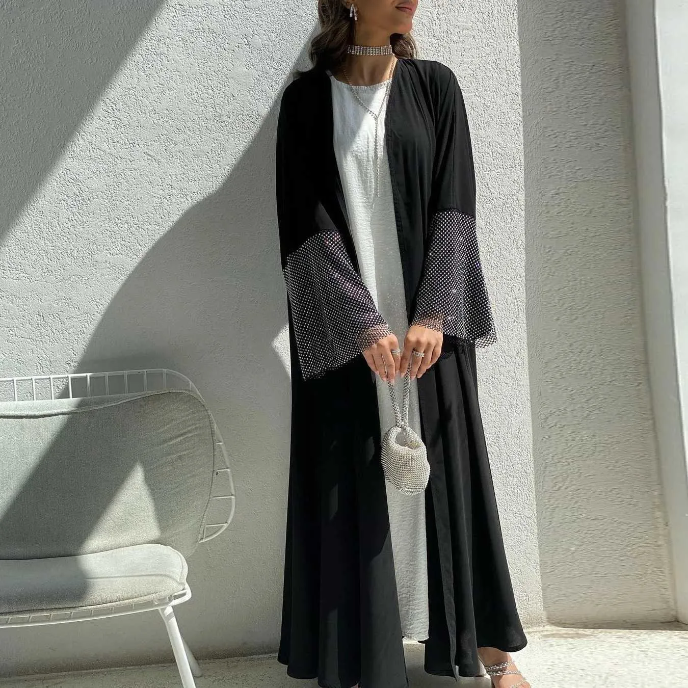 Ethnic Clothing 2024 New Muslim Ramadan Eid Black Open Kimono Abaya Elastic Drilling Net Shalwar Kamz Casual Loose Moroccan Gulf Women Robe T240510