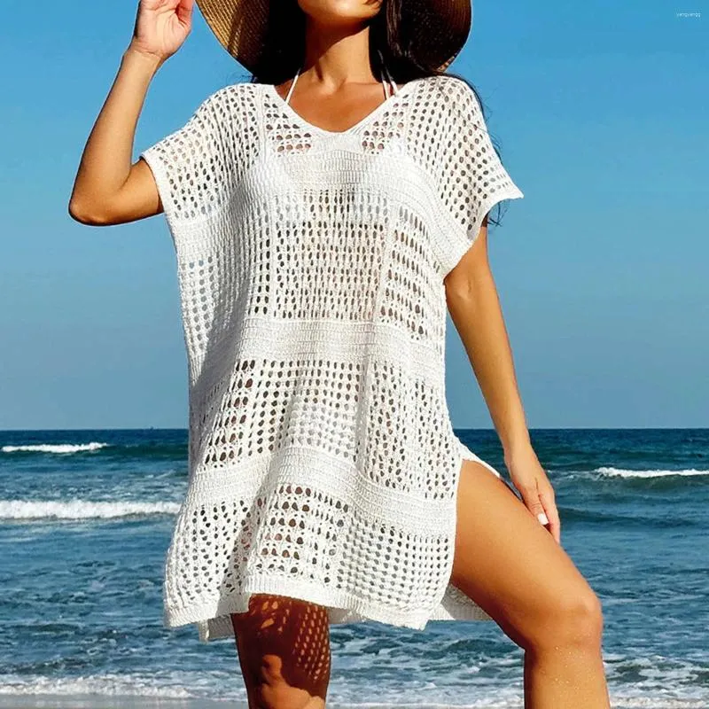 Copertura sulla spiaggia per le donne abbigliamento a maglia Solid Tunic Ladies White Bareding Cover-Ups Bikini Set da vacanza Abiti per le vacanze
