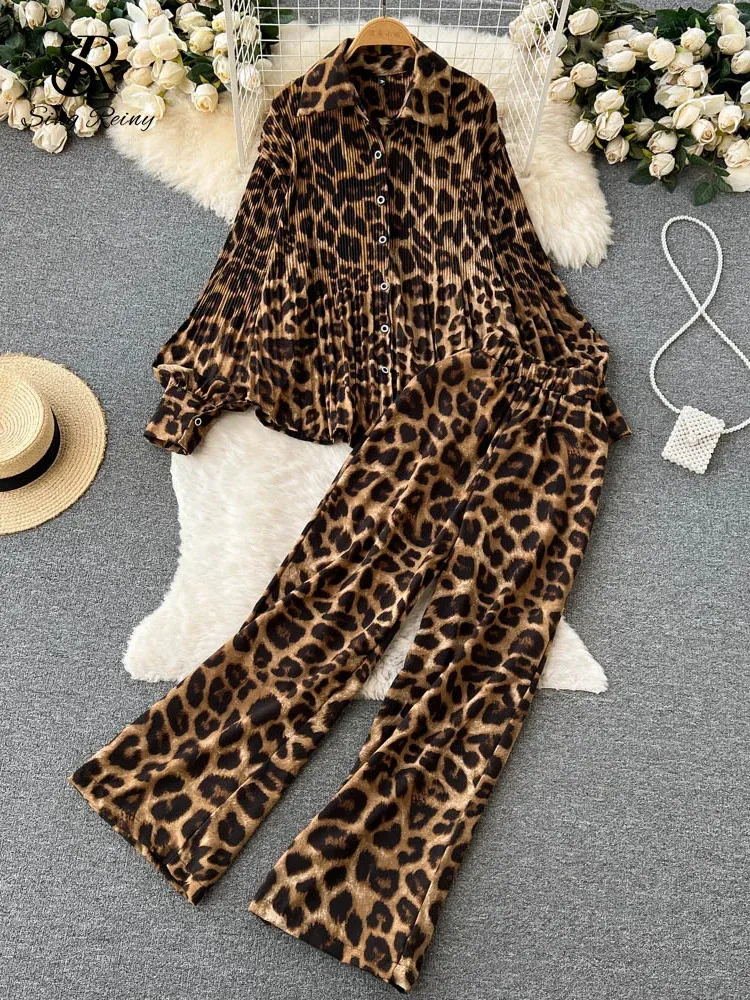 Singreiny Leopard Vinage Casual Autumn Suits Loose Folds Lapel Blus Topswide Long Long Pants Streetwear Women Two Pieces Suits 240426