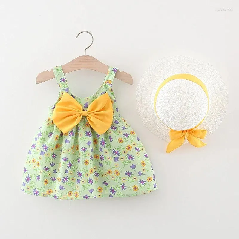 Kız Elbiseler 2pcs/Setgirls Yaz Etek Çocuk Giyim Kore Edition Küçük Çiçek Yay Kayış Elbisesi Şapka ile Geliyor