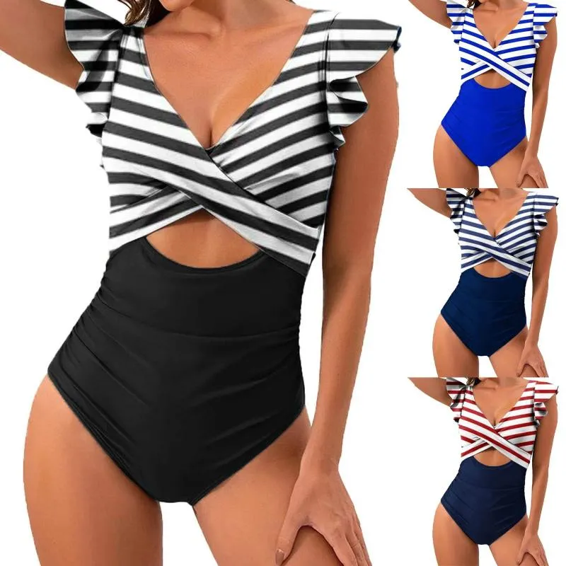 Swimwear femminile sexy sexy pezzo da bagno con costume da bagno a strisce arruffato a stronzo a v -collo ritaglio monkini estivo corpi da bagno da bagno da bagno