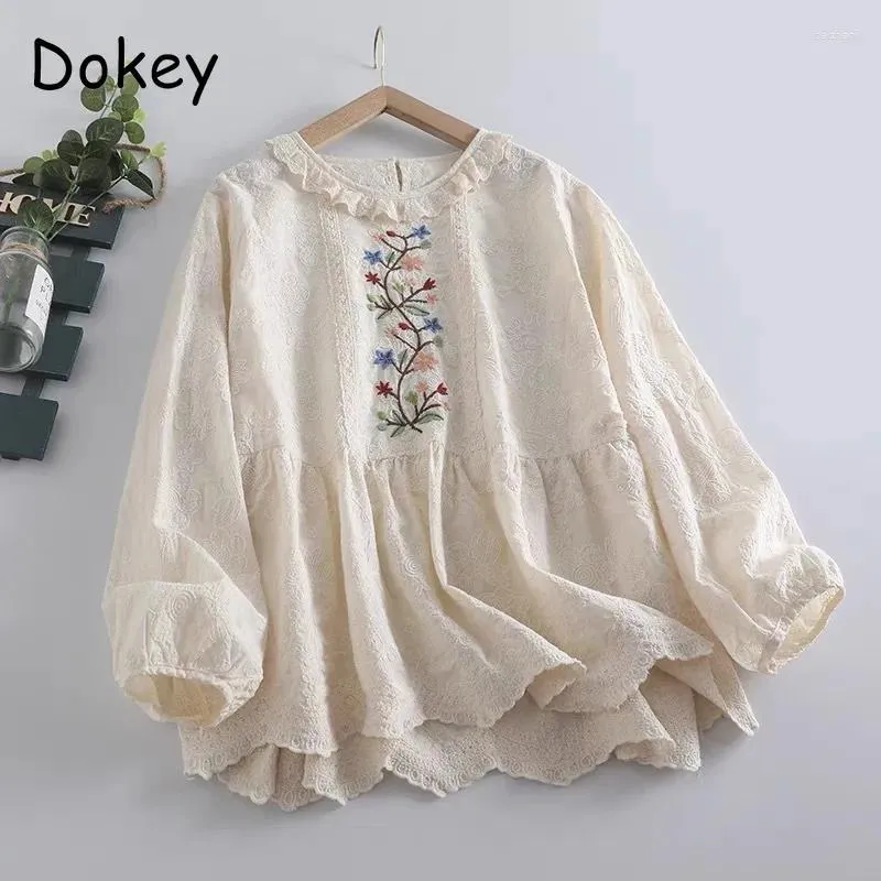 Blouses pour femmes broderies vintage en coton tops femmes japonais style fille girl à volants o-cou à manches longues choux lâches printemps bohême