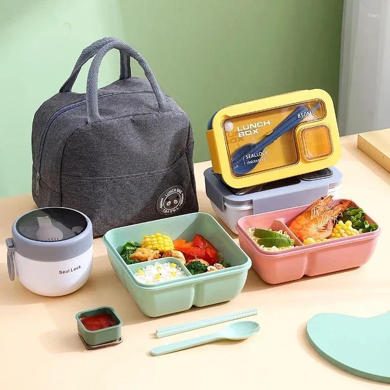 Dingeur 850 / 1100ml Diviseur en plastique portable Box à lunch pour enfants intégré Ensemble micro-ondes complet chauffé avec sac isolé