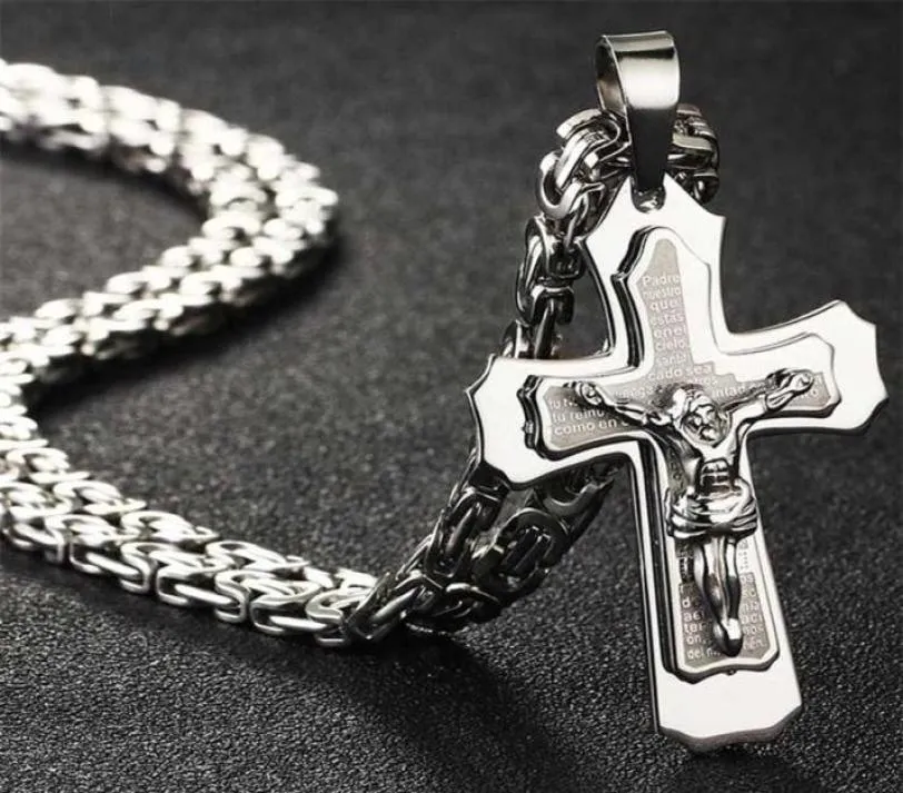 Bibel Silber Farbe Jesuskreuz Edelstahl Anhänger Halsketten Byzantinisch lange Ketten Halskette für Männer Schmuck Colar Collier 22011238417