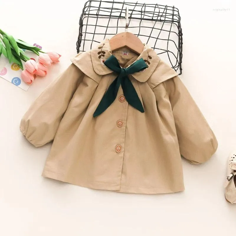 Jackets Children's Long Sleeve Coat for Girls Autumn Bow Tie Korean Style Girl Baby Trench 2024 Kleding