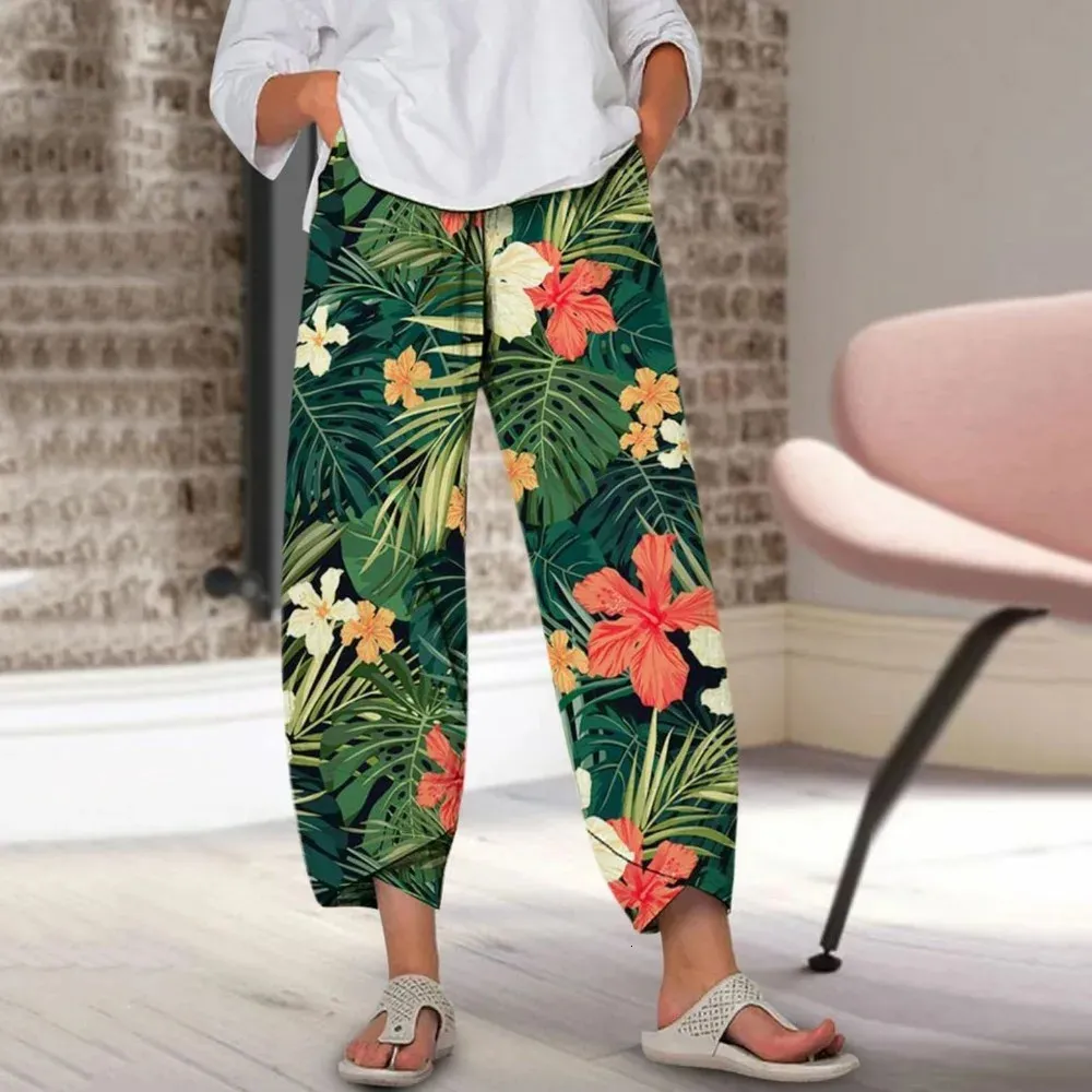 Sommer Casual Plant Print Hosen Streetwear Frauen Y2K Übergroße lose Strandhosen Taschen in Capris Chic 240428