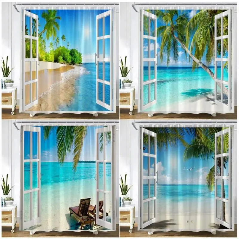 Rideaux de douche Ocean Landscape Island Coconut Tree Sea Waves Beach Hawaiian Polyester Salle Bathroom Curtain Decor avec crochets