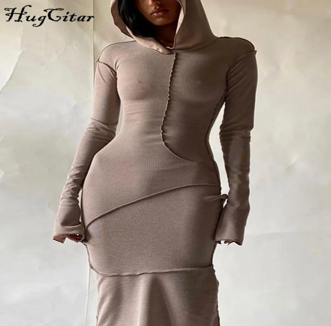 Lässige Kleider Hugcitar Langarm mit Kapuze -Patchwork Skinny Maxi -Kleid Herbst Winter Women Fashion Streetwear Outfits 2209303883394