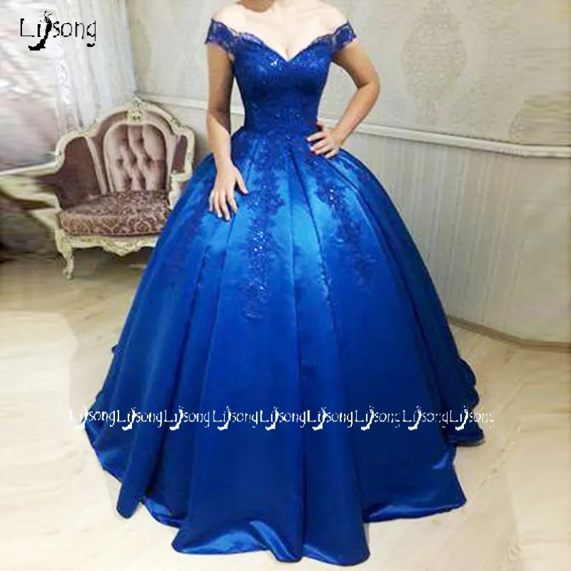 Royal Blue Evening Ball Plowers Appliques Vintage Prom Party Dress Pufpy