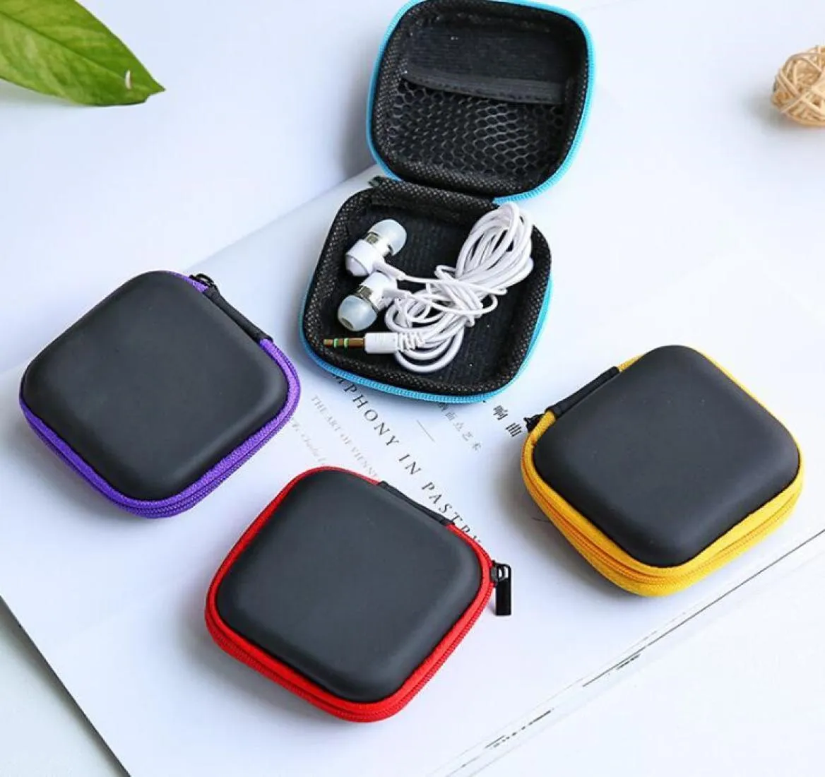 Headphone Boxes PU Leather Earbuds Pouch Mini Zipper Earphone box Protective USB Cable Organizer Spinner Storage Bags 5 Color YSJ059428349