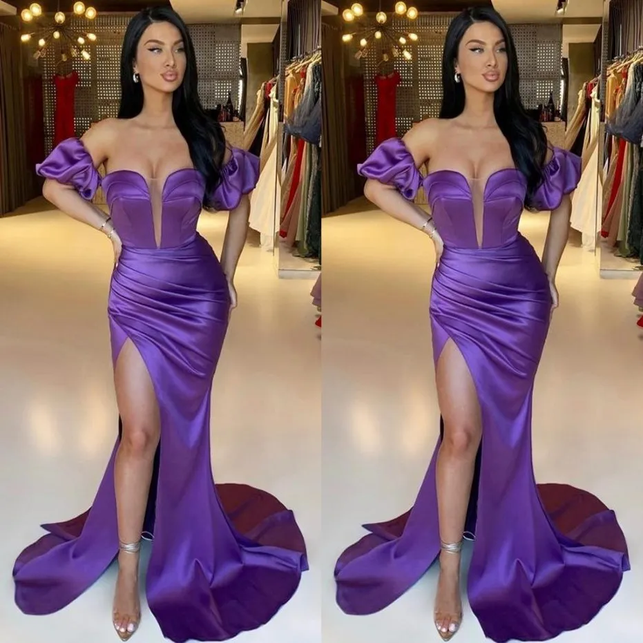 Arabic Duabi Sexy Purple Place Mermaid Dresses Prom Longitud Longitud del piso fuera de los hombros Drapeados de lado alto División de vestidos de noche formales We 3046