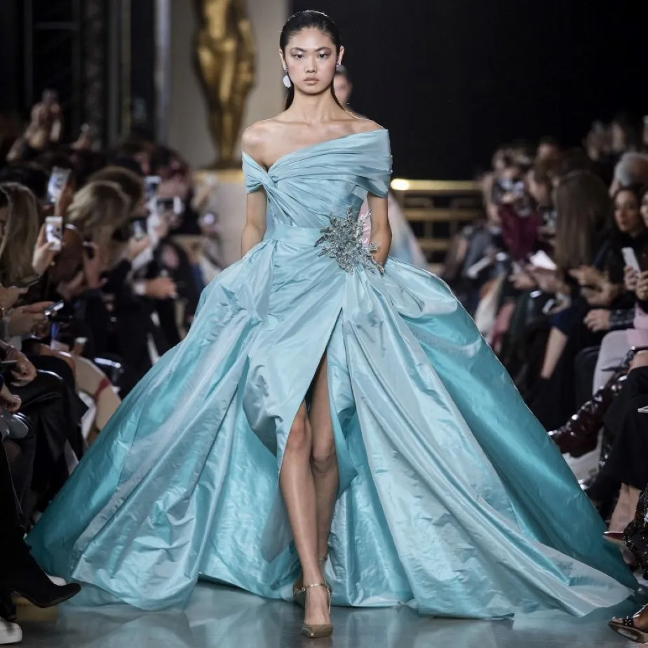 Elie Saab Light Sky Blue Overkirt Dresses Off the Counder Split Side Dressal Dress Taffeta Plate Plus Size Size Evening 275C