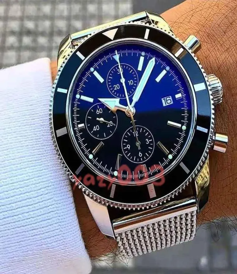 Classic Br Men Mens Quartz Watch Chronograph Movement Movees Watches 46mm Black Dial 316L Mesh Milanese Silver Steel Bracelet Master132750083