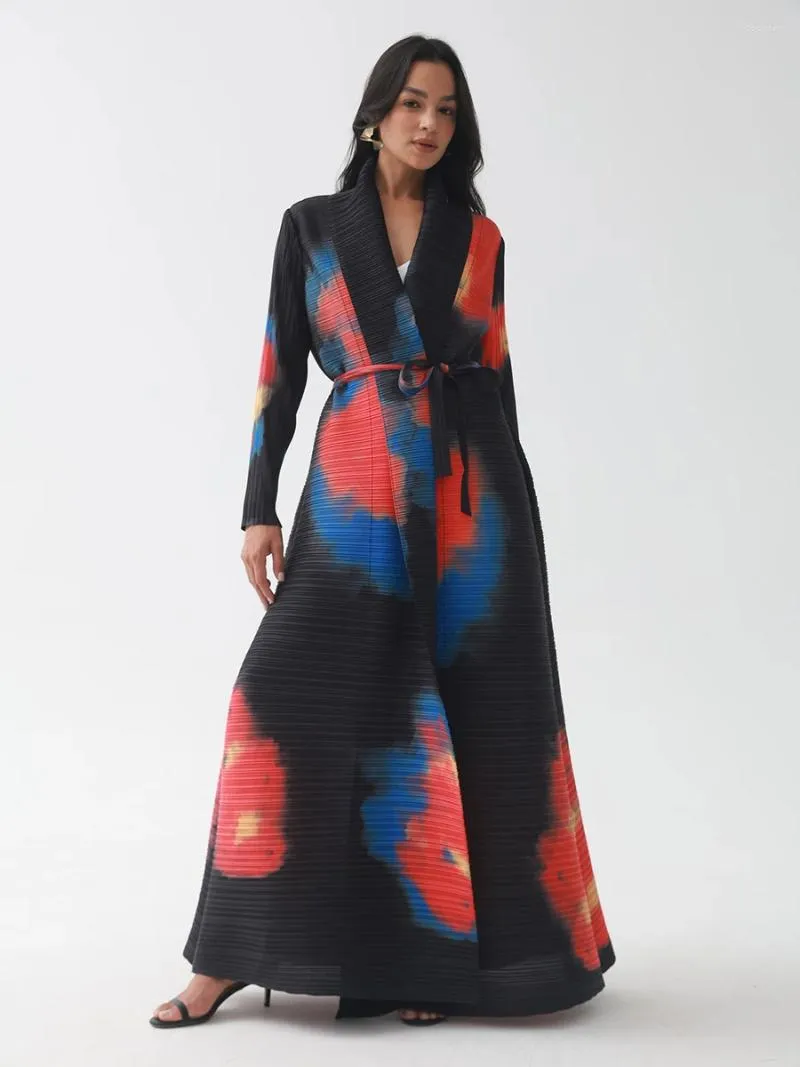 Casual Dresses Miyake Pleated Turndown Collar Long Sleeve Printed Cardigan Dress Women 2024 Abaya Fashion Original Designer Elegant Coats