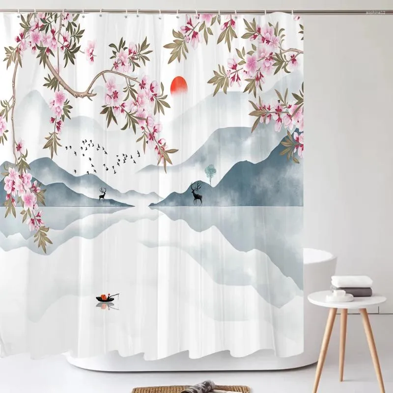 Rideaux de douche chinois peinture à l'encre fleur et oiseaux baignoire décor imprimé tissu lavable rideau en polyester avec crochets