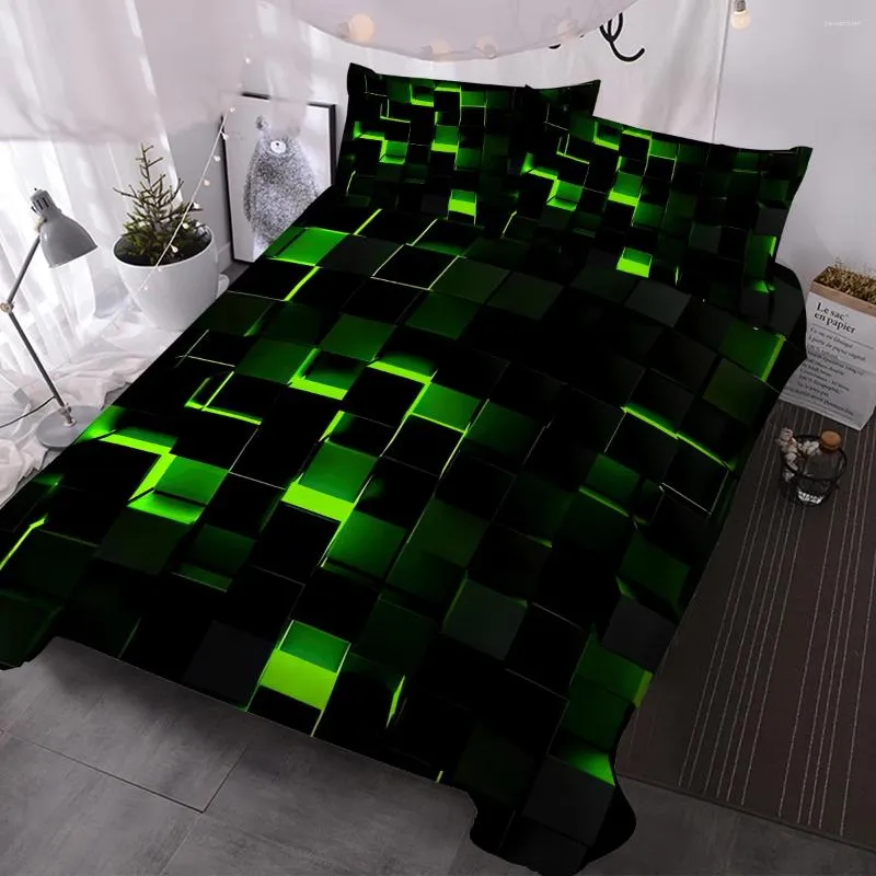 Bedding Sets BlessLiving 3PCS Green Abstract Glowing Light Geometry Lattice Printed Duvet Cover Set Polyester Comforter With 2Pilowcase