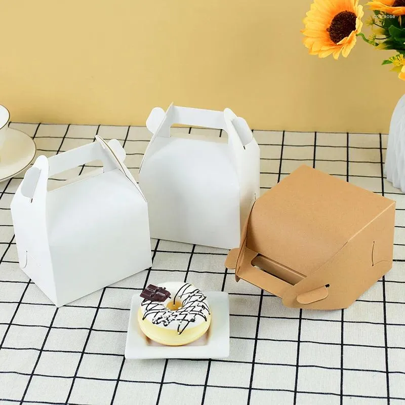 Geschenkwikkeling 5 -stks Wit draagbare cake dessertdoos Kraft Paper Cookie Bakery Food Packaging voor bruiloft Verjaardagsfeestje Huisbenodigdheden