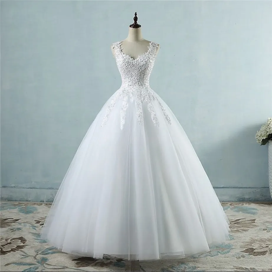 ボールガウンスパゲッティストラップホワイトアイボリーチュールウェディングドレス2020パール付きブライダルドレス結婚顧客メイドサイズ235x