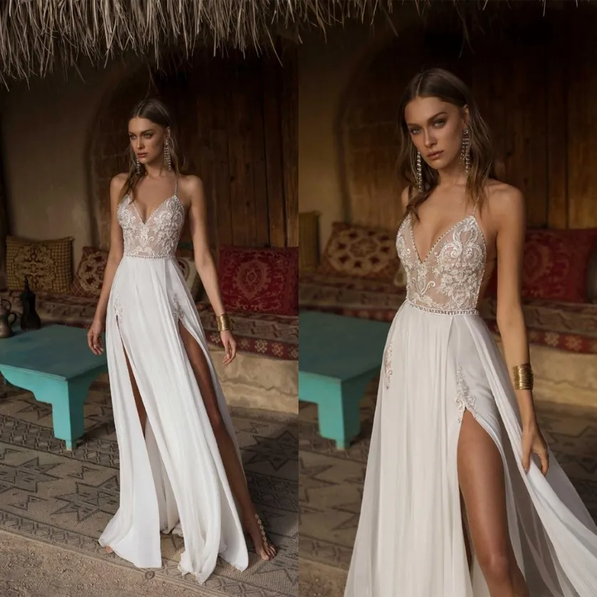 2020 BOHO Abito da sposa SEXY SLIT SHIT BEACH DREST ASSTEGGIO A DRESTO VISTERIO A VECK BRIDE SPINGHETTI CINTRI CONSEGGI ERIGIO