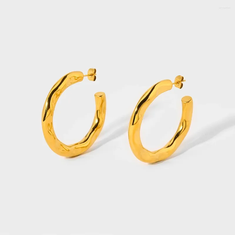 Stud Earrings Trendy Chunky 18K Gold Plated Ultra Thick Hammered Round Hoop Earring For Women Texture Metal Fashion Jewelry Gift
